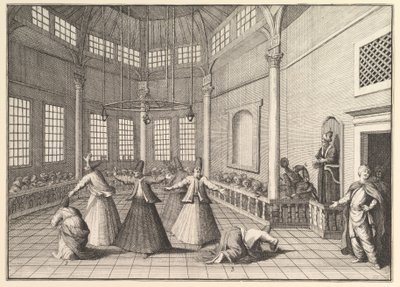 Het interieur van een moskee, de derwisjen dansen Aubry de La Mottrayes reizen door..., 1723-24 door William Hogarth
