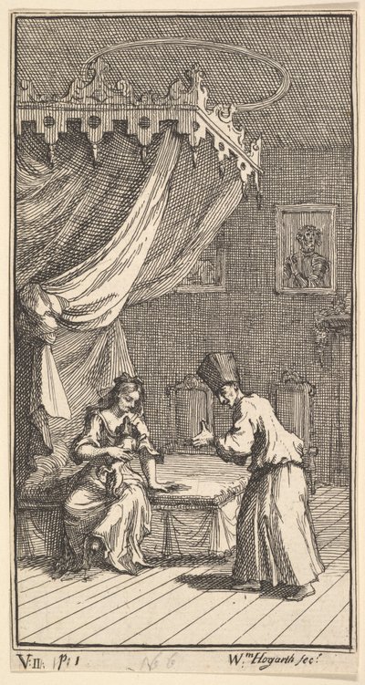 De Nieuwe Metamorfose, Plaat 5: Fantasio, Veranderd in een Schoothondje, 1724 door William Hogarth