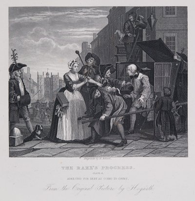 De vooruitgang van de hark: Gearresteerd voor schuld als hij naar de rechtbank gaat door William Hogarth