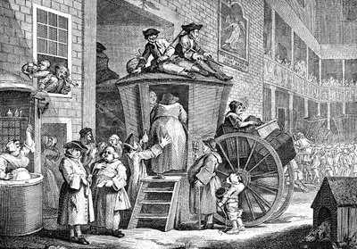 De postkoets of Country Inn Yard, 1747 door William Hogarth