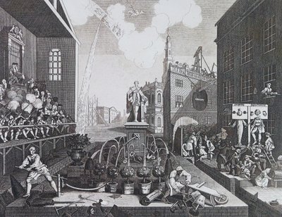 Twee criminelen in een schandpaal of blok in Londen door William Hogarth