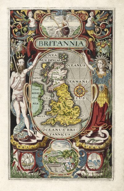 Frontispice uit Britannia, door William Camden, gepubliceerd 1607 door William Hole