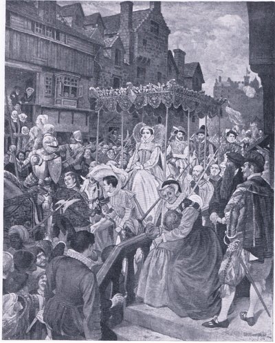 De staatsintrede van koningin Mary in Edinburgh 1561, uit Cassells History of the British People uitgegeven door de Waverley Book Company, ca. 1950 (litho) door William Hole