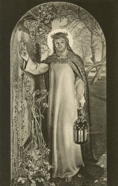 Het Licht van de Wereld, schilderij in Keble College, Oxford, Oxfordshire, met Christus die een lantaarn draagt en op een deur klopt (zw/w foto) door William Holman (after) Hunt