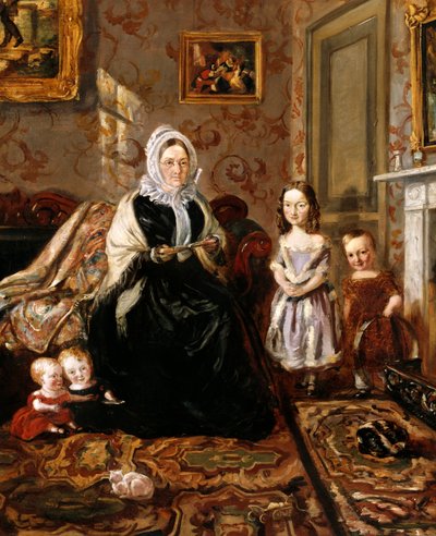 Groepsportret van de schoonmoeder van Henry Clark, mevrouw Davies, en vier van zijn kinderen in de woonkamer van zijn huis, 186 High Street, Homerton, c.1846 door William Holman Hunt
