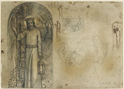 Studies voor Het Licht van de Wereld (grafiet met pen en bruine inkt op off-white papier) door William Holman Hunt