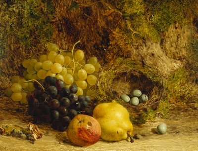 Druiven, een appel, een peer en een vogelnest op een mosrijke oever door William Hughes