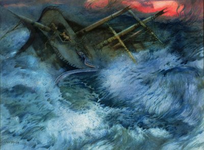 Gestrand schip met zeeslang en tijgers door William Hyde