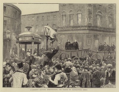 Aartsbisschop Manning die de belofte aflegt op Clerkenwell Green door William III Bromley
