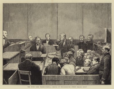 De vervolgingen in Hyde Park, een schets in het Marlborough Street Police Court door William III Bromley