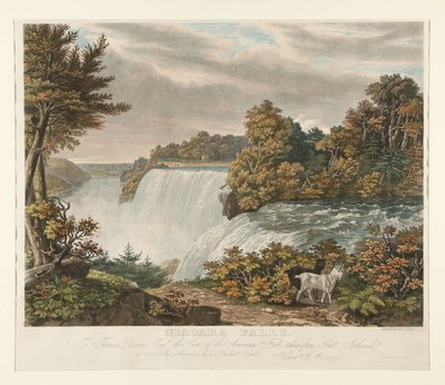 Niagarawatervallen. Aan Thomas Dixon Esq. is dit gezicht op de American Fall, genomen vanaf Goat Island, eerbiedig opgedragen door William James Bennett