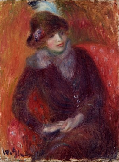 Zittende vrouw met bontkraag en rode achtergrond door William James Glackens