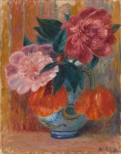 Tulpen en pioenen in kan door William James Glackens