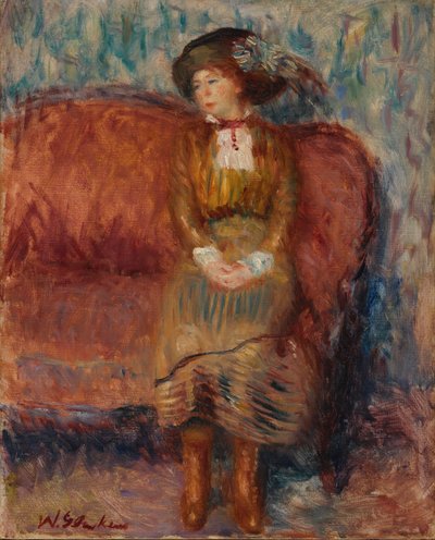 Vrouw Zittend op Rode Bank door William James Glackens