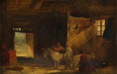 Een Welsh interieur met meisje dat een geit melkt door William James Muller