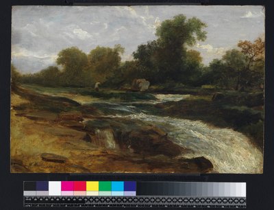 Rivierlandschap met een visser, 1842 door William James Muller