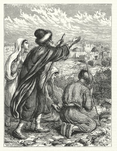 Joodse pelgrims in zicht van Jeruzalem door William James Webbe
