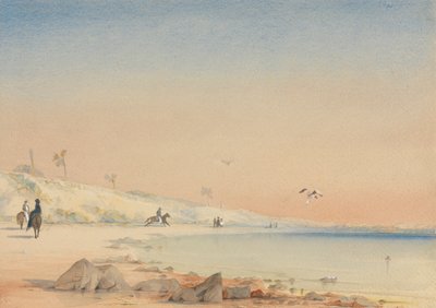 Gambia - een zanderige baai met figuren die lopen en rijden bij Cape St. Mary door William John Chamberlayne