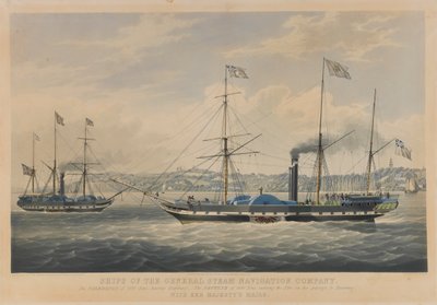 Schepen van de General Steam Navigation Company. De Caledonia van 800 ton, vertrekkend uit Hamburg - De Neptune van 800 ton, de Elbe binnenvarend op haar reis naar Hamburg, met de post van Hare Majesteit door William John Huggins