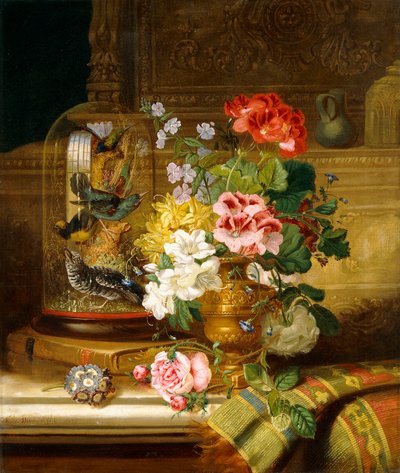 Een Vaas met Diverse Bloemen en Zangvogels op een Ledge, 1867 door William John Wainwright