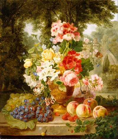Een Vaas met Zomerbloemen en Fruit op een Rand in een Landschap, 1867 door William John Wainwright