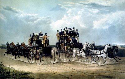 De Brighton Day Mails passeren Hockward Common, gegraveerd door Charles Hunt door William Joseph (after) Shayer