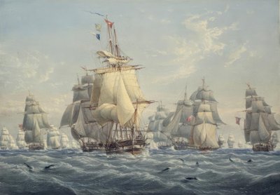 Een Britse eskader onder volle zeilen met bruinvissen door William Joy