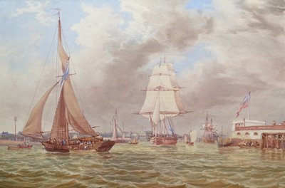Scheepvaart bij de ingang van de haven van Portsmouth door William Joy
