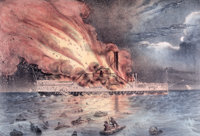 De brand van de stoomboot Lexington in Long Island Sound, 13 januari 1840 door William Keesey Hewitt