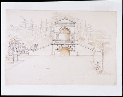 Chiswick, ontwerp voor een fronton waterval gecombineerd met een wegbrug aan het einde van het kanaal door William Kent