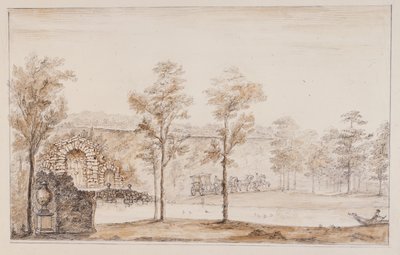 Chiswick, ontwerp voor een rustieke waterval en brug tegen het terras door William Kent