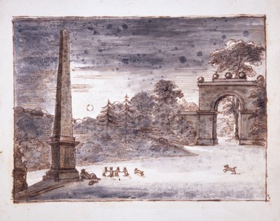 Chiswick, de Burlington Lane Gate en de Obelisk in het maanlicht met Kent zittend bij de Obelisk dromend, en met konijnen die spelen, ca. 1732 door William Kent