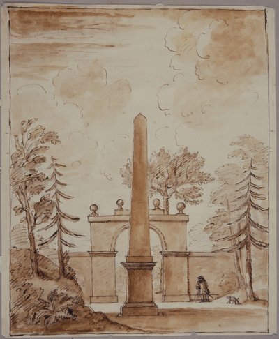 Chiswick, uitzicht op de Burlington Lane Gate, de obelisk op de voorgrond, en Kent met hond door William Kent