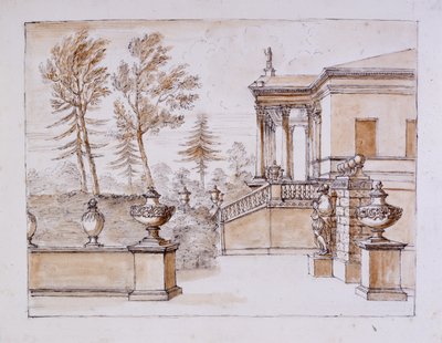 Chiswick, uitzicht op de villa aan de kant van het standbeeld van Inigo Jones door William Kent