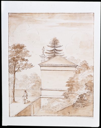 Chiswick, uitzicht op de zijkant van het Hert Huis genomen vanaf de binnenste oever van de ha-ha van het hertenverblijf en met een glimp van de Dorische Kolom (pen & was op papier) door William Kent