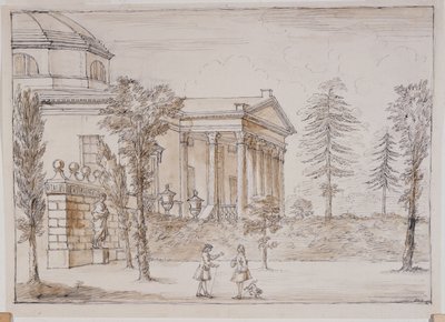 Chiswick, uitzicht op de villa vanaf de kant van het standbeeld van Palladio door William Kent