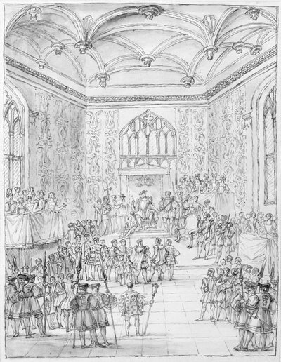 Hendrik VIII ontvangt Montmorency, de Franse ambassadeur, in Hampton Court door William Kent