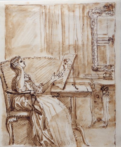 Lady Burlington zittend in haar tuinzaal bewondert een oude meester (?) tekening door William Kent