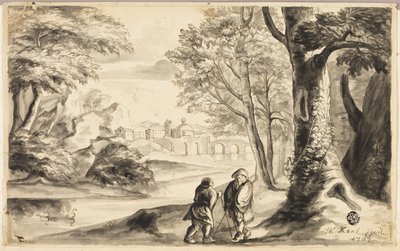 Twee Reizigers onder Boom met Dorp en Brug in de Verte door William Kent