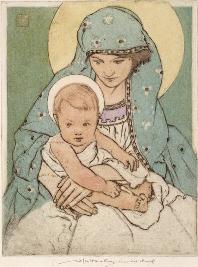 Maagd Maria met het Christuskind (handgekleurde droge naald) door William Lee Hankey