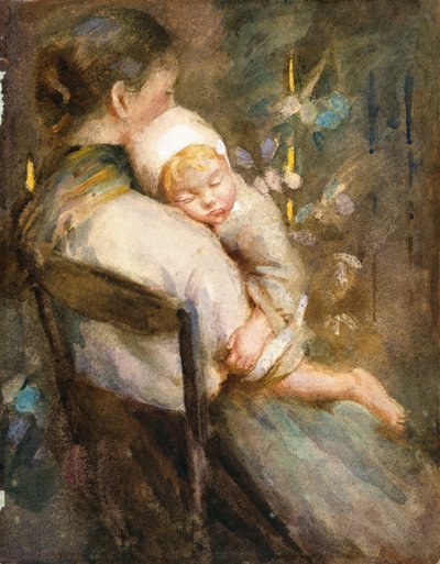 Jonge Moeder met Slapend Kind op haar Schoot (aquarel op papier) door William Lee Hankey