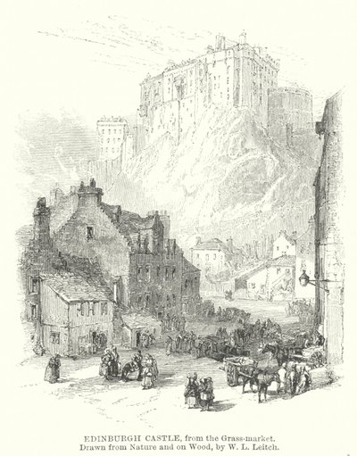 Kasteel van Edinburgh, vanaf de Grass-market (gravure) door William Leighton (after) Leitch