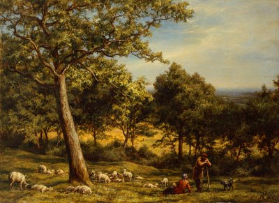 Een herder en zijn kudde in een zonovergoten boslandschap door William Linnell