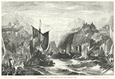 Inscheping van de Grieken voor de Trojaanse oorlog (gravure) door William Linton