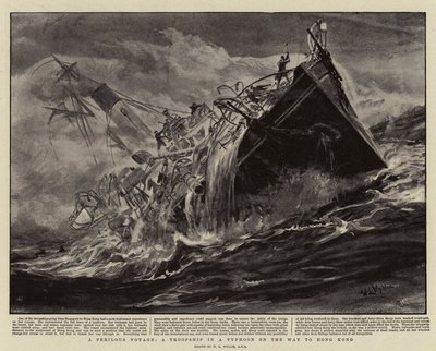 Een gevaarlijke reis, een troepenschip in een tyfoon op weg naar Hong Kong door William Lionel Wyllie