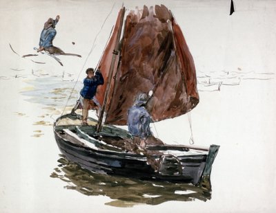 Een man en een jongen aan boord van een kleine zeilboot door William Lionel Wyllie