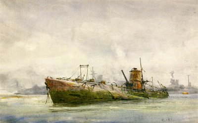 Een overgegeven en gestrand onderzeeër, Portsmouth door William Lionel Wyllie