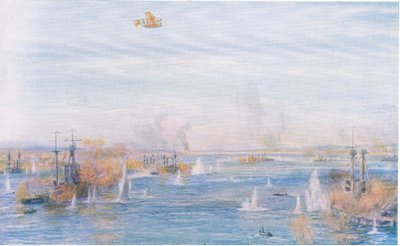 Bombarderen van de Narrows, 18 maart 1915, uit Cassells History of the British People gepubliceerd door de Waverley Book Company Limited, ca. 1940 door William Lionel Wyllie