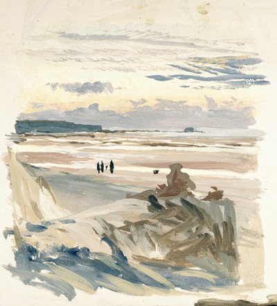 Personages op het strand, waarschijnlijk in Amble (Frankrijk), met de silhouet van Fort Vauban in het schemerlicht door William Lionel Wyllie