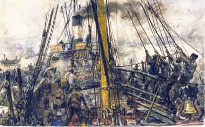 Kolenrapers aan boord van een boot, die de kolenlading uit het ruim tillen met een katrolsysteem door William Lionel Wyllie